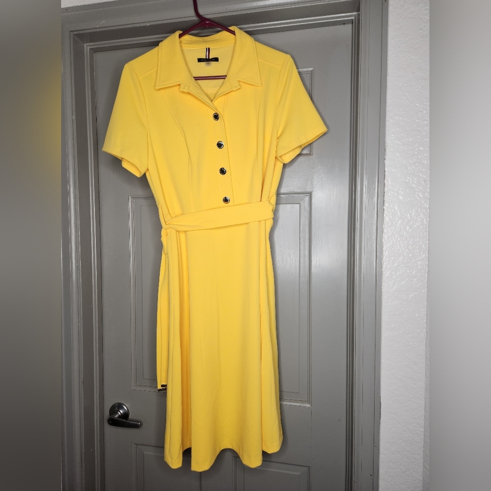Tommy Hilfiger Belted Date Night Shirt Dress Button Up Bright Yellow Size 10
